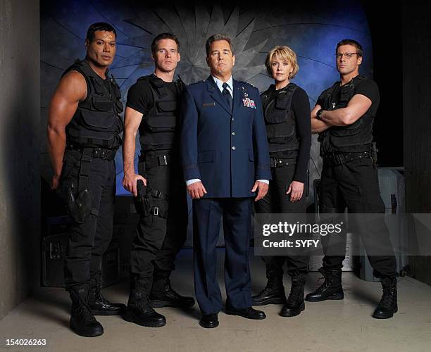 Season 5 -- Pictured: Christopher Judge as Teal'c, Ben Browder as Lt. Colonel Cameron Mitchell, Beau Bridges as Maj. General Hank Landry, Amanda...