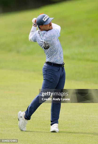 Austin Cook of the United States plays a second shot on the 11th hole during the first round of the Barbasol Championship at Keene Trace Golf Club on...