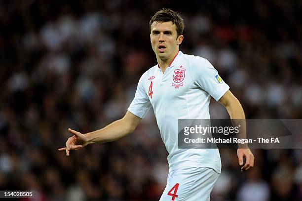 Michael Carrick of England looks onduring the FIFA 2014 World Cup Group H qualifying match between England and San Marino at Wembley Stadium on...