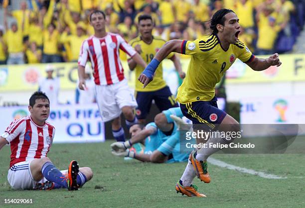 Falcao Garcia of Colombia celebrates a goal during a match between Colombia and Paraguay as part of the South American Qualifiers for the FIFA Brazil...