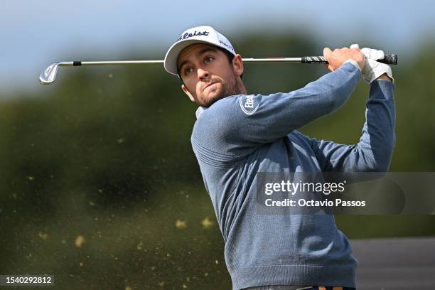 Davis Riley of the United States tees off on the 9th hole during Day One of the Genesis Scottish Open at The Renaissance Club on July 13, 2023 in...