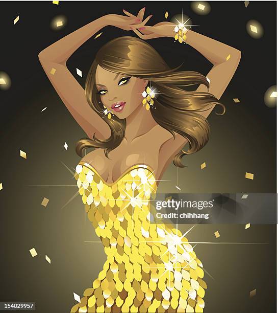 stockillustraties, clipart, cartoons en iconen met dazzling disco (topaz) - gold dress