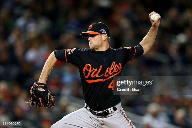 Troy Patton of the Baltimore Orioles pitches against the New York Yankees during Game Five of the American League Division Series at Yankee Stadium...