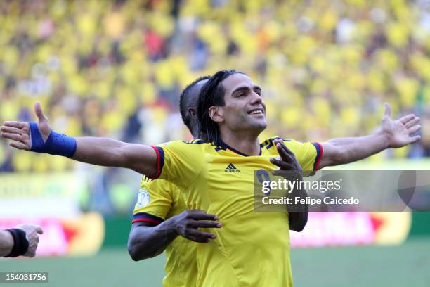 Radamel Falcao Garcia of Colombia celebrates a goal during a match between Colombia and Paraguay as part of the South American Qualifiers for the...
