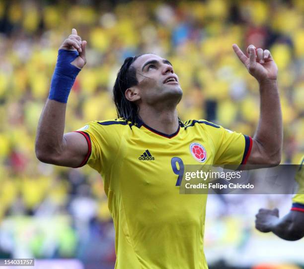 Radamel Falcao Garcia of Colombia celebrates a goal during a match between Colombia and Paraguay as part of the South American Qualifiers for the...