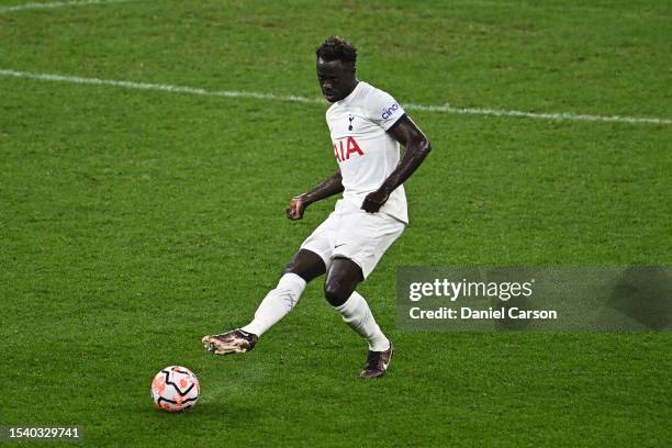 Davinson Sanchez of Tottenham passes the ball during the pre-season friendly match between Tottenham Hotspur and West Ham United at Optus Stadium on...