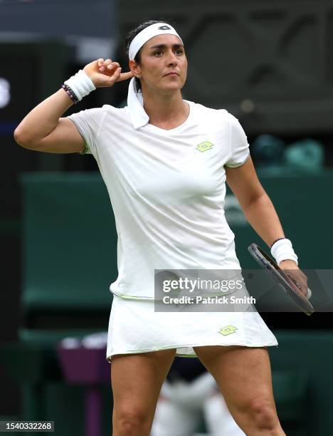 Ons Jabeur of Tunisia celebrates winning the second set against Aryna Sabalenka in the Women's Singles Semi Finals on day eleven of The Championships...