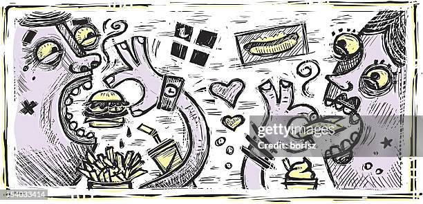 fast food date - woman eating chip stock illustrations