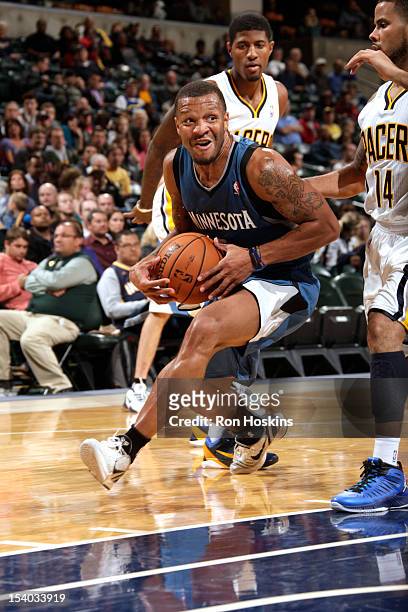Will Conroy of the Minnesota Timberwolves drives to the basket against the Indiana Pacers on October 12, 2012 at Bankers Life Fieldhouse in...