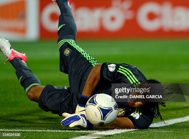 Argentine goalkeeper Sergio Romero dives trying to grab the ball during the FIFA World Cup Brazil 2014 South American qualifier match against Uruguay...