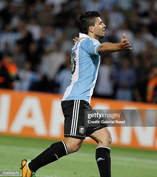 Sergio Aguero of Argentina celebrates a goal during a match between Argentina and Uruguay as part of the South American Qualifiers for the FIFA...