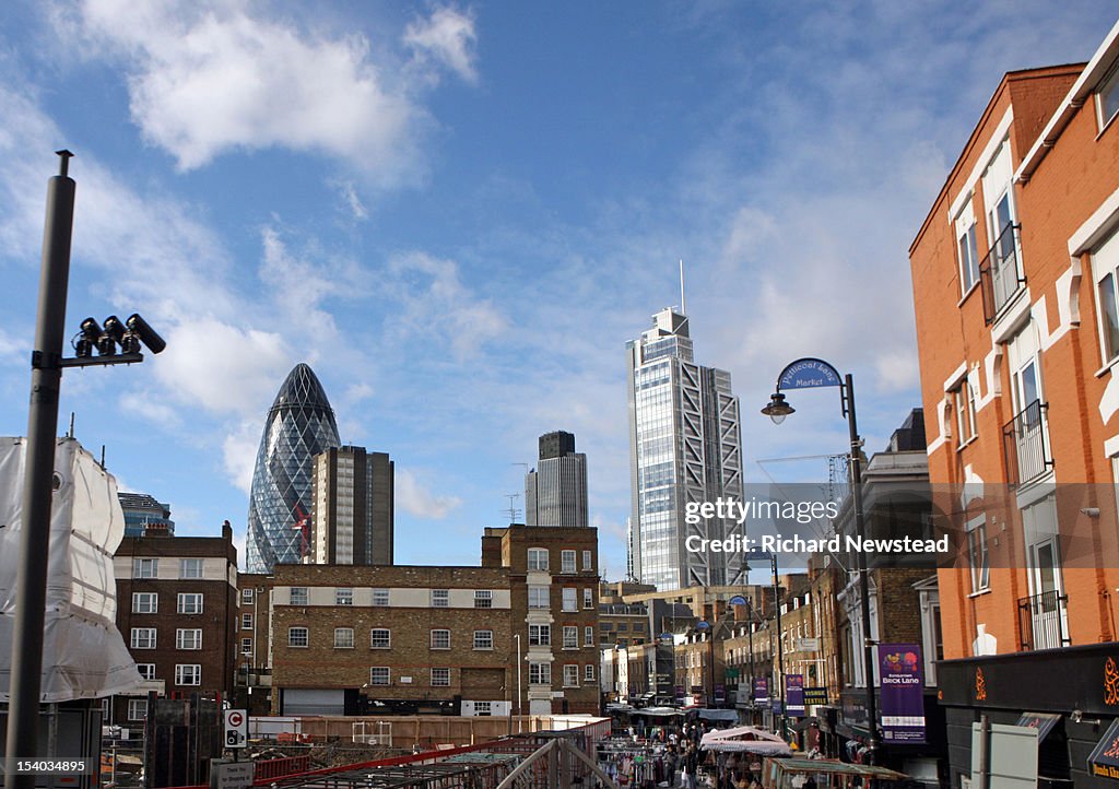 Petticoat lane market with cityscape