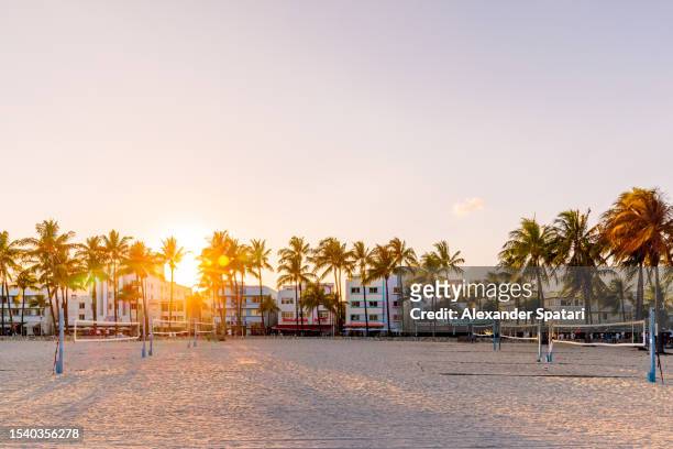 art deco hotels along ocean drive and lummus park at south beach at sunset, miami, usa - miami beach stock-fotos und bilder