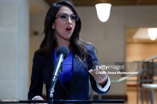 Rep. Lauren Boebert speaks to reporters after attending a briefing with U.S. Secret Service officials on the cocaine substance found at the White...