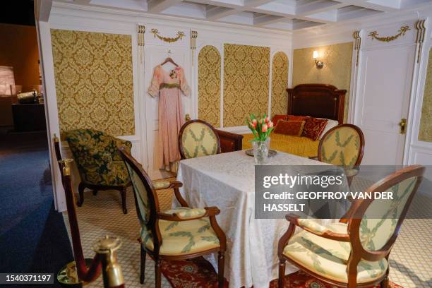 Photograph shows the replica of a first class room on the opening day of the XXL Titanic exhibition at Paris Expo Porte de Versailles in Paris on...