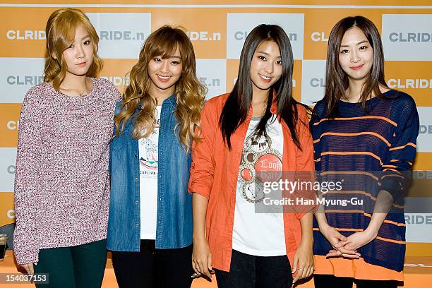 Soyou, Hyorin, Bora and Dasom of South Korean girl group SISTAR attend an autograph session for 'CLRIDE.n' at Lotte Department Store on October 12,...