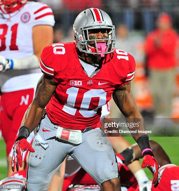 Linebacker Ryan Shazier of the Ohio State Buckeyes celebrates after a tackle during a game with the Nebraska Cornhuskers at Ohio Stadium in Columbus,...