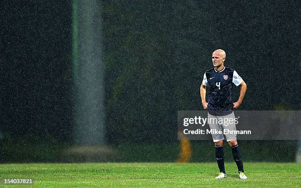 Michael Bradley of the United States looks on during a World Cup Qualifying game against Antigua and Barbuda at Sir Vivian Richards Stadium on...