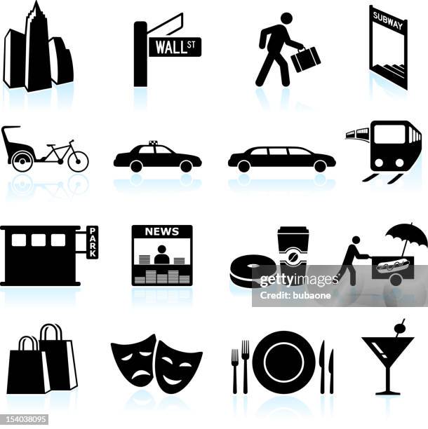 city life schwarz & weiß lizenzfreie vektor icon-set - new york icon stock-grafiken, -clipart, -cartoons und -symbole