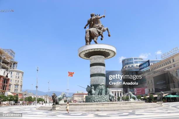 View of an empty square after officials announced an 'orange alert' as Europe is heating up with temperatures rising above 40°C, in Skopje, North...