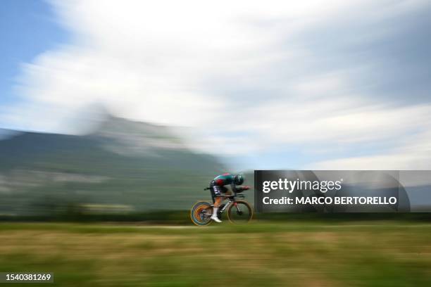 Hansgrohe's Austrian rider Marco Haller cycles during the 16th stage of the 110th edition of the Tour de France cycling race, 22 km individual time...