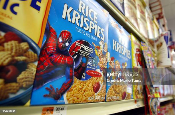 Rice Krispies boxes with a "Spider-Man" promotion sit on a shelf May 7, 2002 in New York City. "Spider-Man" the movie shattered records becoming the...
