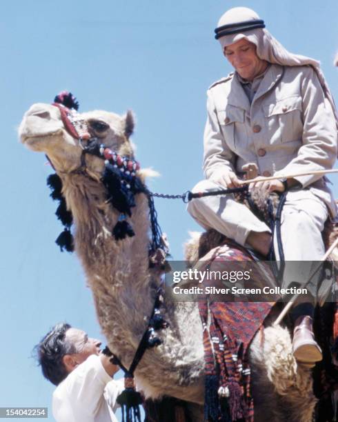 English actor Peter O'Toole as British Army officer T E Lawrence, riding a camel in 'Lawrence Of Arabia', directed by David Lean, 1962. Lean is...