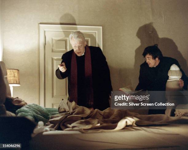 American actress Linda Blair as Regan MacNeil, Swedish actor Max von Sydow as Father Lankester Merrin, and American actor Jason Miller as Father...