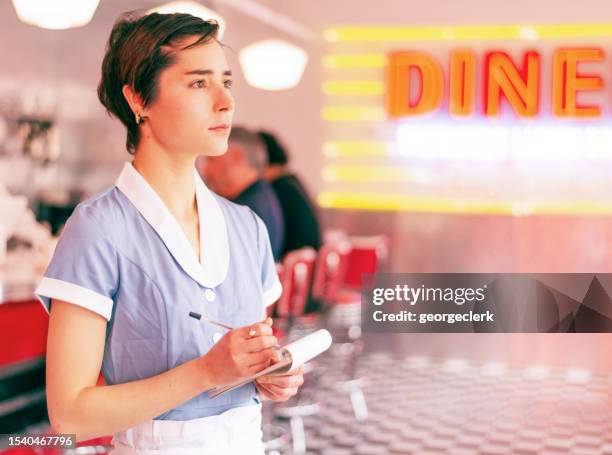 profile portrait of diner waitress - overworked waitress stock pictures, royalty-free photos & images