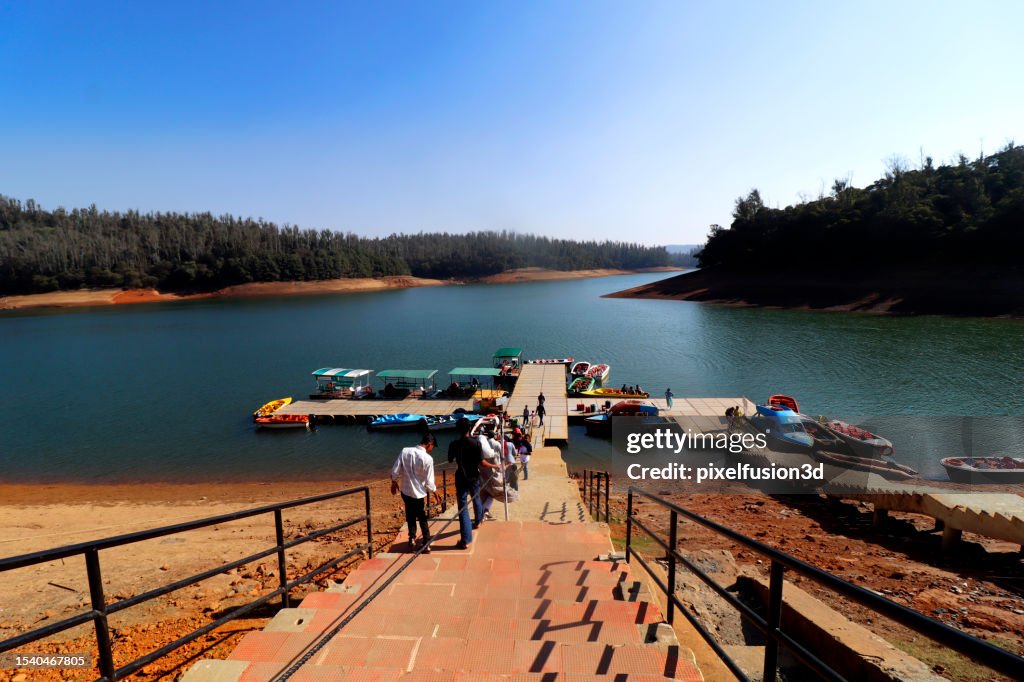 Beautiful lake landscape view under the beautiful clear sky with copy space.