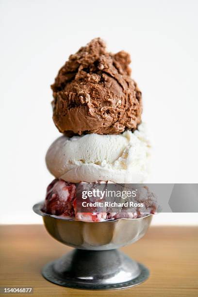 three scoops of ice cream in a pewter dish - cucchiaio dosatore foto e immagini stock