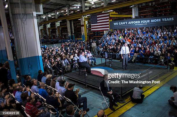 Mount Vernon, OH Republican nominee for President Governor Mitt Romney, accompanied by New Jersey Governor Chris Christie, at a town hall style...