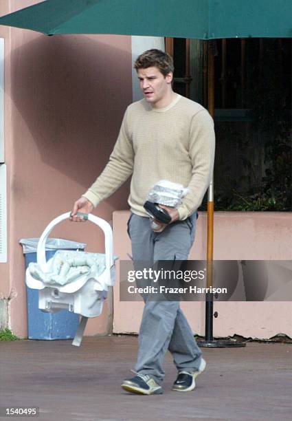 Actor David Boreanaz leaves The Ivy On The Shore restaurant after dining with his wife, actress Jaime Bergman and their newborn baby May 7, 2002 in...