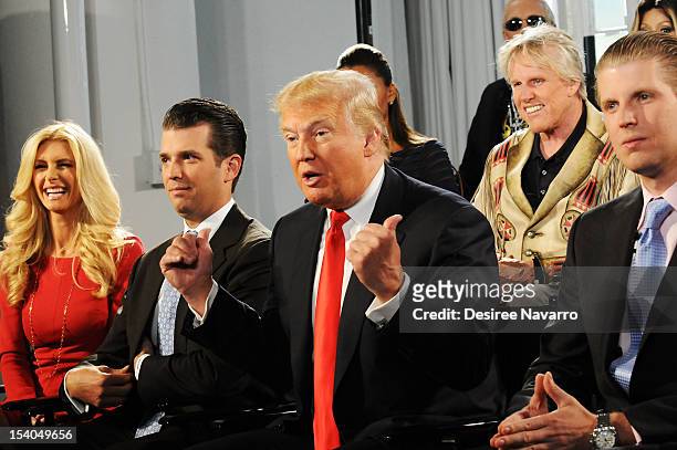 Brande Roderick, Donald Trump Jr., Donald Trump, Gary Busey and Eric Trump attend the "Celebrity Apprentice All Stars" Season 13 Press Conference at...