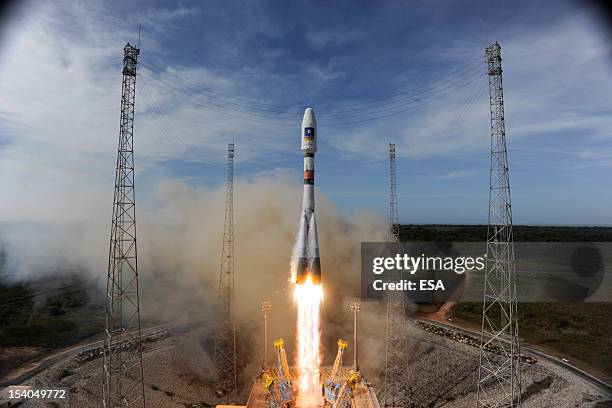 In this handout image supplied by the European Space Agency , the Soyuz rocket lifts off for the third time from Europe's Spaceport in French Guiana...