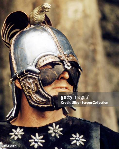 American actor Kirk Douglas wearing a battle helmet as Einar in 'The Vikings', directed by Richard Fleischer, 1958.