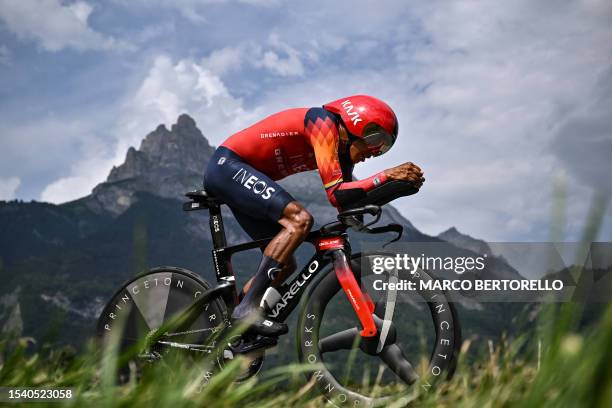 Grenadiers' Colombian rider Egan Bernal cycles during the 16th stage of the 110th edition of the Tour de France cycling race, 22 km individual time...