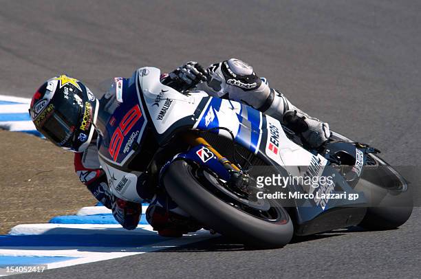 Jorge Lorenzo of Spain and Yamaha Factory Team rounds the bend during the qualifying practice of the MotoGP Of Japan at Twin Ring Motegi on October...