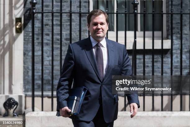 Minister of State in the Home Office Robert Jenrick leaves 10 Downing Street after attending the final weekly Cabinet meeting before the Summer...