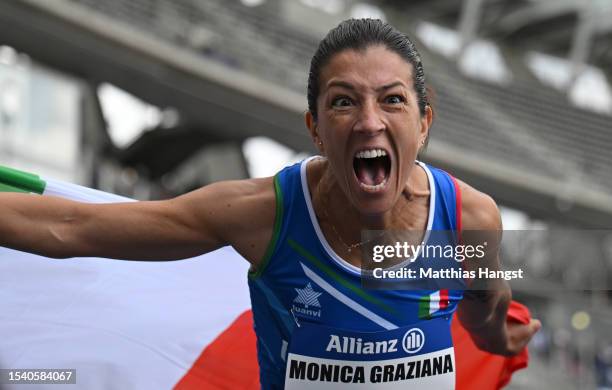 Monica Graziana Contrafatto of Italy celebrate after the Women's 100m T63 Final during day six of the Para Athletics World Championships Paris 2023...