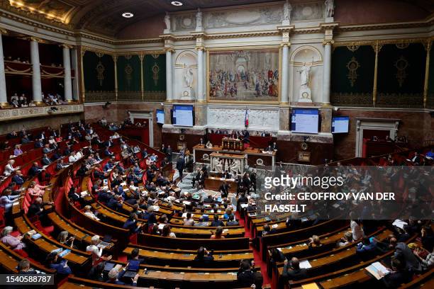 This photograph shows a general view of the French National Assembly during a session of questions to the government in Paris on July 18, 2023.