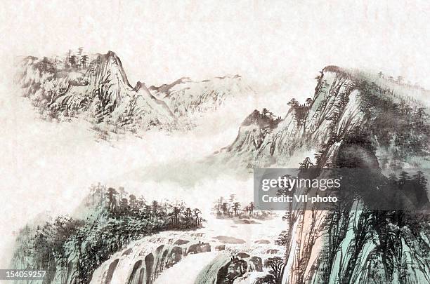 stockillustraties, clipart, cartoons en iconen met drawing of a mountain landscape - east asian culture