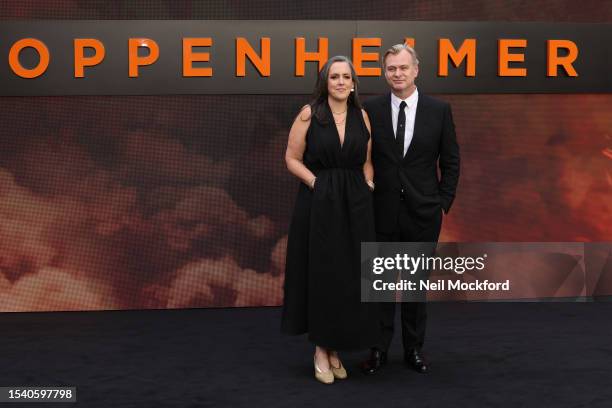 Emma Thomas and Christopher Nolan attend the "Oppenheimer" UK Premiere at Odeon Luxe Leicester Square on July 13, 2023 in London, England.