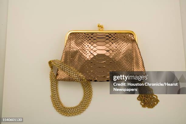 Jane August copper python clutch with zipper bottom, $1 Joseph; with a 5.22 carat diamond necklace, $27 I.W. Marks. Photographed Tuesday, Oct. 21,...