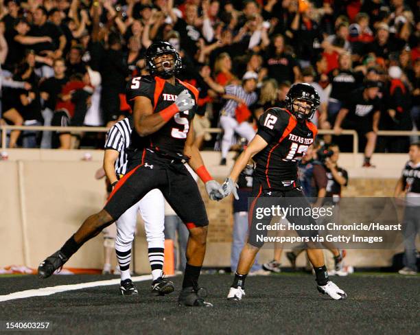 Texas Tech wide receiver Michael Crabtree celebrates after scoring he winning touchdown in the fourth quarter of his game Saturday, Nov. 1, 2008...