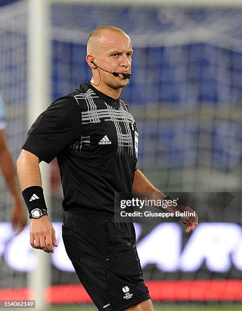 Referee Szymon Marciniak during the UEFA Europa League group J match between S.S. Lazio and NK Maribor at Stadio Olimpico on October 4, 2012 in Rome,...