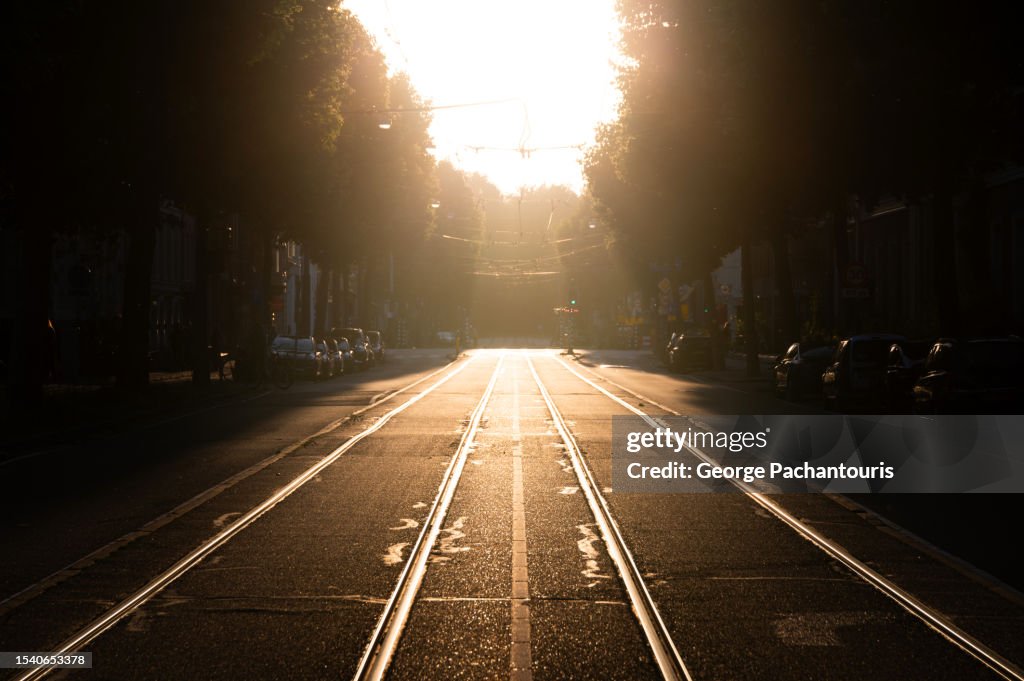 Bright sun on a street with tram tracks