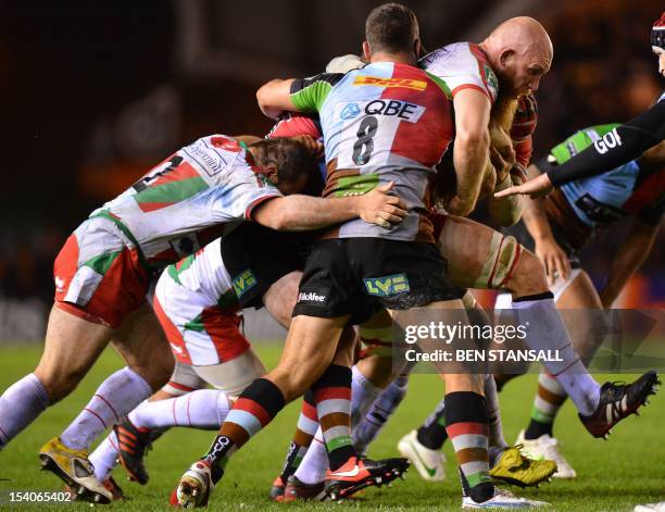 Biarritz's Erik Lund vies for the ball with Harlequins' Nick Easter during the Heineken Cup Round 1 Rugby Union match between Harlequins and Biarritz...