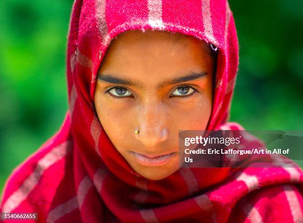 Portrait of a veiled Gujjar Bakerwal girl, Jammu and Kashmir, Kangan, India on June 14, 2023 in Kangan, India.