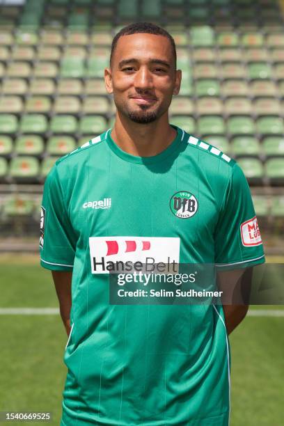 Cyrill Akono of VfB Lübeck poses during the team presentation at Stadion Lohmühle on July 18, 2023 in Luebeck, Germany.